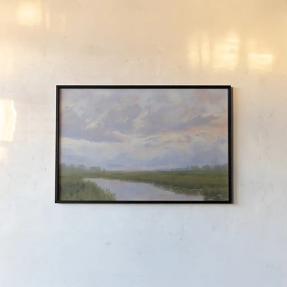 Misty Marsh Creek by Carson Overstreet. shown as a paper print in a black flame. Available as a archival giclee rolled canvas, fine art paper, or poster print. SKU 99715i.