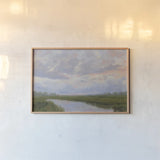 Misty Marsh Creek by Carson Overstreet. shown as a paper print in a natural frame. Available as a archival giclee rolled canvas, fine art paper, or poster print. SKU 99715i.