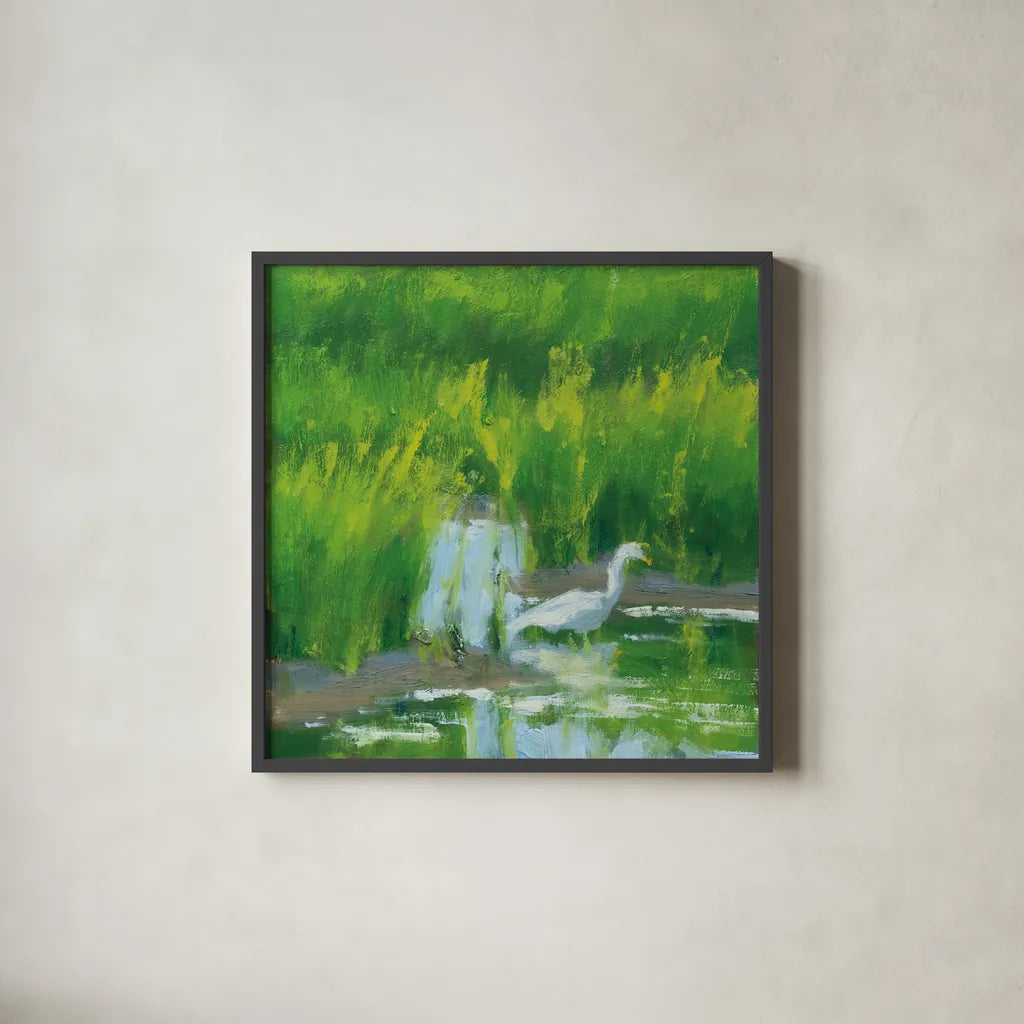 Morning Feast by Carson Overstreet. Shown in a sleek black glass frame for a contemporary gallery look. Available as an archival giclee rolled canvas, fine art paper, or poster print. SKU 99025a.