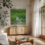 Morning Feast by Carson Overstreet. Shown in a natural wood frame in a cozy modern living room. Available as an archival giclee rolled canvas, fine art paper, or poster print. SKU 99025a.