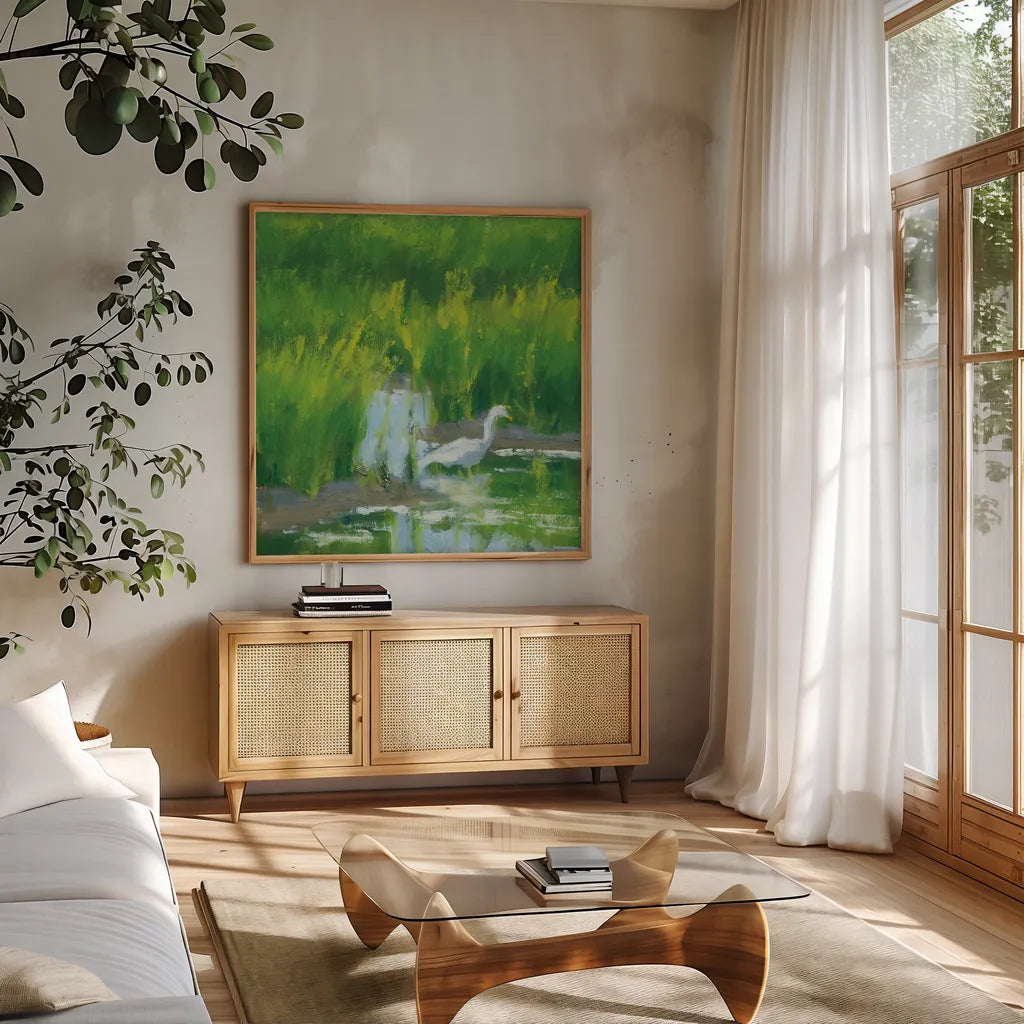 Morning Feast by Carson Overstreet. Shown in a natural wood frame in a cozy modern living room. Available as an archival giclee rolled canvas, fine art paper, or poster print. SKU 99025a.