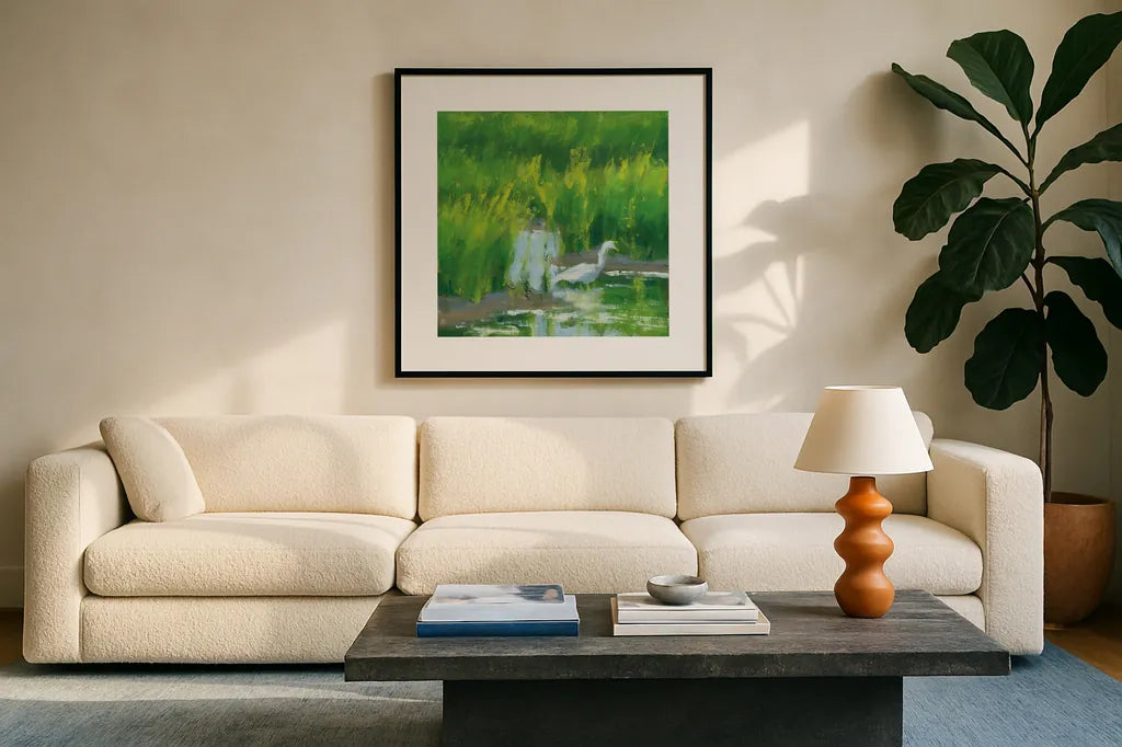 Morning Feast by Carson Overstreet. Displayed in a glass frame with matte in a clean modern living room. Available as an archival giclee rolled canvas, fine art paper, or poster print. SKU 99025a.