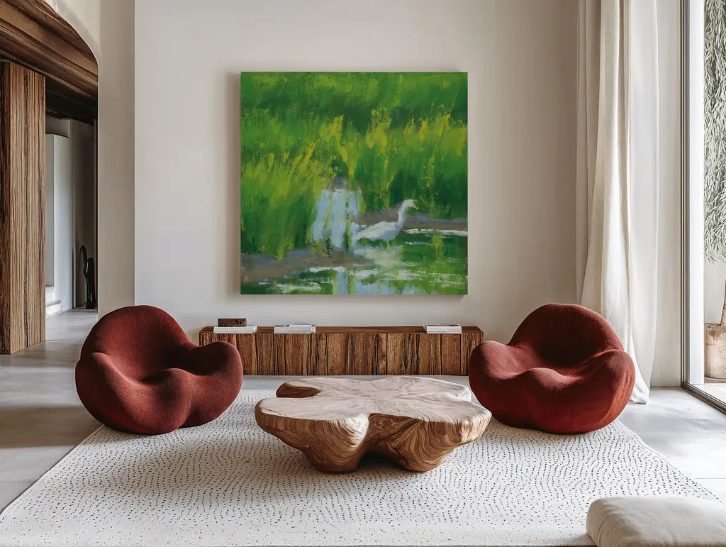 Morning Feast by Carson Overstreet. Shown as extra-large giant wall art in a modern living room. Available as an archival giclee rolled canvas, fine art paper, or poster print. SKU 99025a.