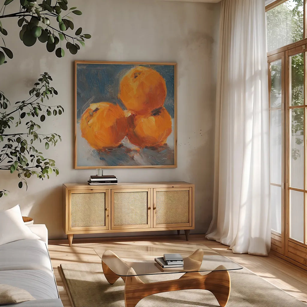 Orange Stack by Carson Overstreet. Shown in a natural wood frame in a cozy modern living room. Available as an archival giclee rolled canvas, fine art paper, or poster print. SKU 96852a.