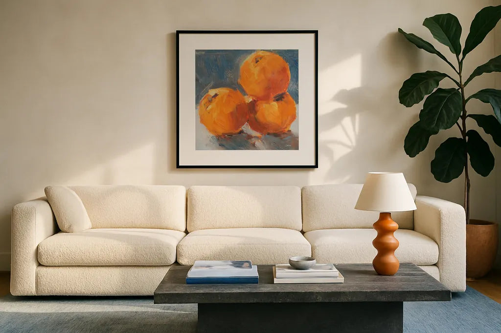 Orange Stack by Carson Overstreet. Displayed in a glass frame with matte in a clean modern living room. Available as an archival giclee rolled canvas, fine art paper, or poster print. SKU 96852a.