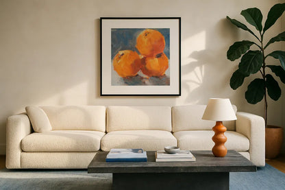 Orange Stack by Carson Overstreet. Displayed in a glass frame with matte in a clean modern living room. Available as an archival giclee rolled canvas, fine art paper, or poster print. SKU 96852a.