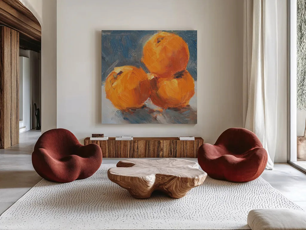 Orange Stack by Carson Overstreet. Shown as extra-large giant wall art in a modern living room. Available as an archival giclee rolled canvas, fine art paper, or poster print. SKU 96852a.