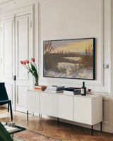 Over the Dunes by Carson Overstreet. shown as a framed stretched canvas in a living room above a console. Available as a archival giclee rolled canvas, fine art paper, or poster print. SKU 96855i.