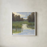 Quiet Waters by Carson Overstreet. Shown in a crisp white glass frame for a clean and minimalist style. Available as an archival giclee rolled canvas, fine art paper, or poster print. SKU 104131a.