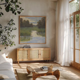 Quiet Waters by Carson Overstreet. Shown in a natural wood frame in a cozy modern living room. Available as an archival giclee rolled canvas, fine art paper, or poster print. SKU 104131a.
