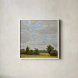 Shining on the Fields by Carson Overstreet. Shown in a crisp white glass frame for a clean and minimalist style. Available as an archival giclee rolled canvas, fine art paper, or poster print. SKU 102036a.