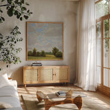 Shining on the Fields by Carson Overstreet. Shown in a natural wood frame in a cozy modern living room. Available as an archival giclee rolled canvas, fine art paper, or poster print. SKU 102036a.