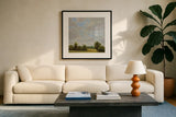Shining on the Fields by Carson Overstreet. Displayed in a glass frame with matte in a clean modern living room. Available as an archival giclee rolled canvas, fine art paper, or poster print. SKU 102036a.