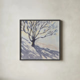Snowfall Tree by Carson Overstreet. Shown in a sleek black glass frame for a contemporary gallery look. Available as an archival giclee rolled canvas, fine art paper, or poster print. SKU 104519a.