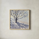 Snowfall Tree by Carson Overstreet. Shown in a natural wood glass frame for a timeless modern aesthetic. Available as an archival giclee rolled canvas, fine art paper, or poster print. SKU 104519a.