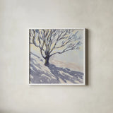 Snowfall Tree by Carson Overstreet. Shown in a crisp white glass frame for a clean and minimalist style. Available as an archival giclee rolled canvas, fine art paper, or poster print. SKU 104519a.