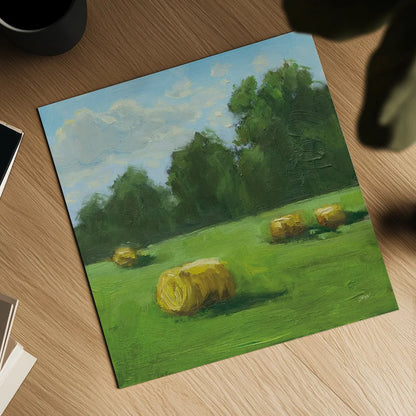Summer Hay Field by Carson Overstreet. Shown as a detailed flat fine art print, highlighting archival giclee quality. Available as an archival giclee rolled canvas, fine art paper, or poster print. SKU 99028a.