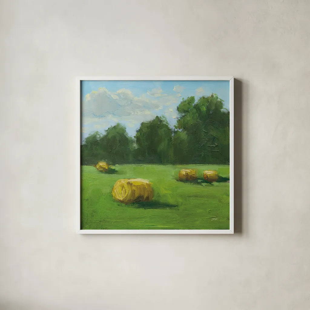 Summer Hay Field by Carson Overstreet. Shown in a crisp white glass frame for a clean and minimalist style. Available as an archival giclee rolled canvas, fine art paper, or poster print. SKU 99028a.