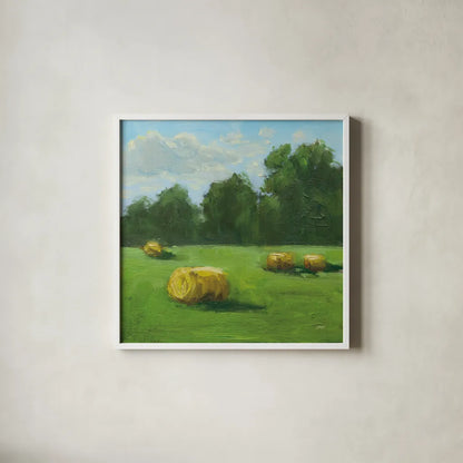 Summer Hay Field by Carson Overstreet. Shown in a crisp white glass frame for a clean and minimalist style. Available as an archival giclee rolled canvas, fine art paper, or poster print. SKU 99028a.
