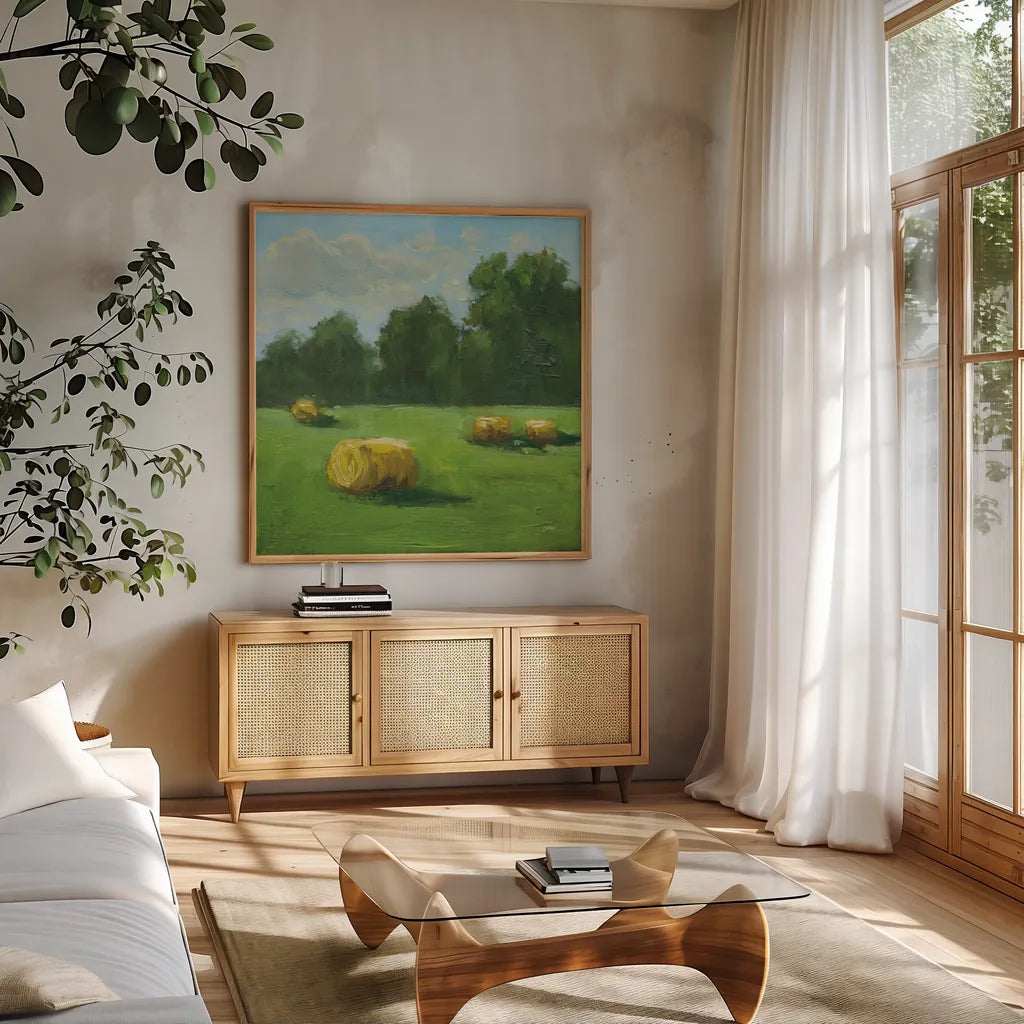 Summer Hay Field by Carson Overstreet. Shown in a natural wood frame in a cozy modern living room. Available as an archival giclee rolled canvas, fine art paper, or poster print. SKU 99028a.