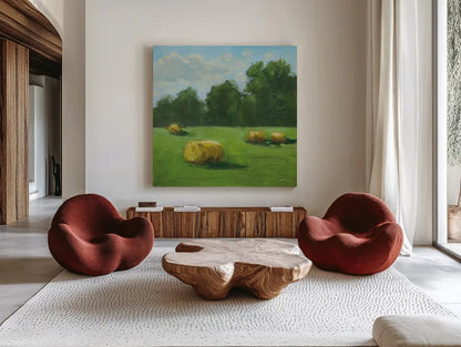 Summer Hay Field by Carson Overstreet. Shown as extra-large giant wall art in a modern living room. Available as an archival giclee rolled canvas, fine art paper, or poster print. SKU 99028a.