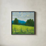 Summer in the Mountains by Carson Overstreet. Shown in a sleek black glass frame for a contemporary gallery look. Available as an archival giclee rolled canvas, fine art paper, or poster print. SKU 99029a.