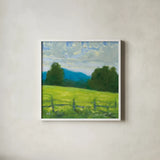 Summer in the Mountains by Carson Overstreet. Shown in a crisp white glass frame for a clean and minimalist style. Available as an archival giclee rolled canvas, fine art paper, or poster print. SKU 99029a.