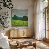 Summer in the Mountains by Carson Overstreet. Shown in a natural wood frame in a cozy modern living room. Available as an archival giclee rolled canvas, fine art paper, or poster print. SKU 99029a.