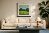 Summer in the Mountains by Carson Overstreet. Displayed in a glass frame with matte in a clean modern living room. Available as an archival giclee rolled canvas, fine art paper, or poster print. SKU 99029a.