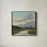 Sundown Over the Marsh Creek by Carson Overstreet. Shown in a sleek black glass frame for a contemporary gallery look. Available as an archival giclee rolled canvas, fine art paper, or poster print. SKU 97454a.