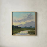 Sundown Over the Marsh Creek by Carson Overstreet. Shown in a natural wood glass frame for a timeless modern aesthetic. Available as an archival giclee rolled canvas, fine art paper, or poster print. SKU 97454a.
