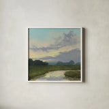 Sundown Over the Marsh Creek by Carson Overstreet. Shown in a crisp white glass frame for a clean and minimalist style. Available as an archival giclee rolled canvas, fine art paper, or poster print. SKU 97454a.