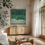Swimming Together by Carson Overstreet. Shown in a natural wood frame in a cozy modern living room. Available as an archival giclee rolled canvas, fine art paper, or poster print. SKU 104515a.