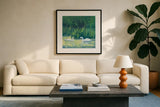 Swimming Together by Carson Overstreet. Displayed in a glass frame with matte in a clean modern living room. Available as an archival giclee rolled canvas, fine art paper, or poster print. SKU 104515a.