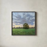 Tree at Sunset by Carson Overstreet. Shown in a sleek black glass frame for a contemporary gallery look. Available as an archival giclee rolled canvas, fine art paper, or poster print. SKU 102035a.