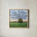 Tree at Sunset by Carson Overstreet. Shown in a natural wood glass frame for a timeless modern aesthetic. Available as an archival giclee rolled canvas, fine art paper, or poster print. SKU 102035a.