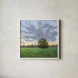 Tree at Sunset by Carson Overstreet. Shown in a crisp white glass frame for a clean and minimalist style. Available as an archival giclee rolled canvas, fine art paper, or poster print. SKU 102035a.
