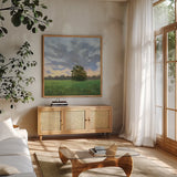 Tree at Sunset by Carson Overstreet. Shown in a natural wood frame in a cozy modern living room. Available as an archival giclee rolled canvas, fine art paper, or poster print. SKU 102035a.