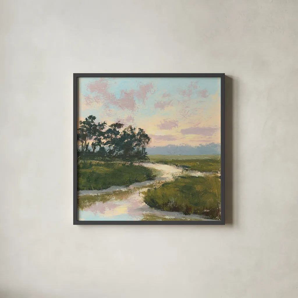 Winding Marsh Creek by Carson Overstreet. Shown in a sleek black glass frame for a contemporary gallery look. Available as an archival giclee rolled canvas, fine art paper, or poster print. SKU 97431a.