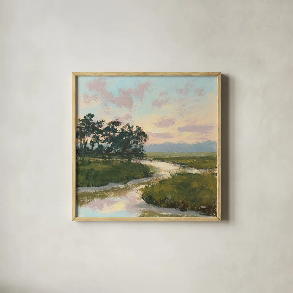 Winding Marsh Creek by Carson Overstreet. Shown in a natural wood glass frame for a timeless modern aesthetic. Available as an archival giclee rolled canvas, fine art paper, or poster print. SKU 97431a.