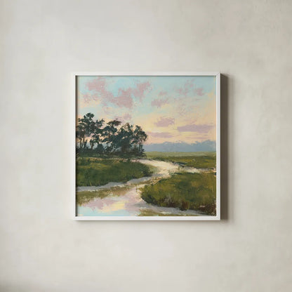 Winding Marsh Creek by Carson Overstreet. Shown in a crisp white glass frame for a clean and minimalist style. Available as an archival giclee rolled canvas, fine art paper, or poster print. SKU 97431a.