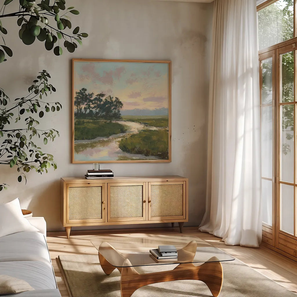Winding Marsh Creek by Carson Overstreet. Shown in a natural wood frame in a cozy modern living room. Available as an archival giclee rolled canvas, fine art paper, or poster print. SKU 97431a.