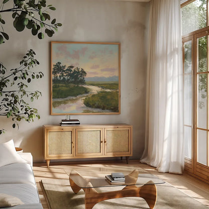 Winding Marsh Creek by Carson Overstreet. Shown in a natural wood frame in a cozy modern living room. Available as an archival giclee rolled canvas, fine art paper, or poster print. SKU 97431a.