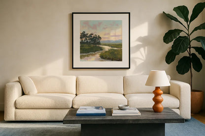 Winding Marsh Creek by Carson Overstreet. Displayed in a glass frame with matte in a clean modern living room. Available as an archival giclee rolled canvas, fine art paper, or poster print. SKU 97431a.