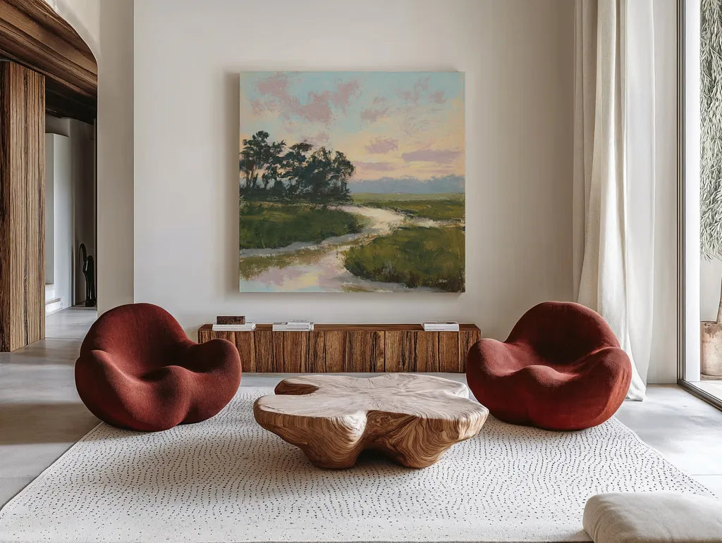 Winding Marsh Creek by Carson Overstreet. Shown as extra-large giant wall art in a modern living room. Available as an archival giclee rolled canvas, fine art paper, or poster print. SKU 97431a.