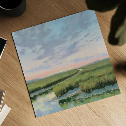 Winding Marsh Creek at Sundown by Carson Overstreet. Shown as a detailed flat fine art print, highlighting archival giclee quality. Available as an archival giclee rolled canvas, fine art paper, or poster print. SKU 99337a.