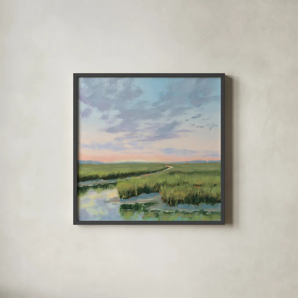 Winding Marsh Creek at Sundown by Carson Overstreet. Shown in a sleek black glass frame for a contemporary gallery look. Available as an archival giclee rolled canvas, fine art paper, or poster print. SKU 99337a.
