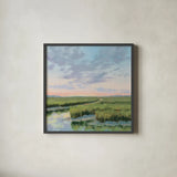 Winding Marsh Creek at Sundown by Carson Overstreet. Shown in a sleek black glass frame for a contemporary gallery look. Available as an archival giclee rolled canvas, fine art paper, or poster print. SKU 99337a.