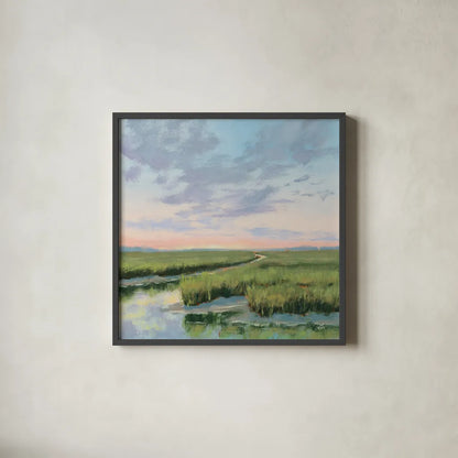 Winding Marsh Creek at Sundown by Carson Overstreet. Shown in a sleek black glass frame for a contemporary gallery look. Available as an archival giclee rolled canvas, fine art paper, or poster print. SKU 99337a.