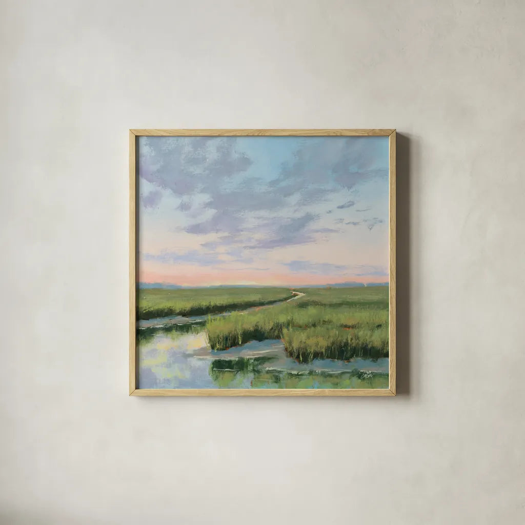 Winding Marsh Creek at Sundown by Carson Overstreet. Shown in a natural wood glass frame for a timeless modern aesthetic. Available as an archival giclee rolled canvas, fine art paper, or poster print. SKU 99337a.